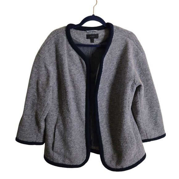 J.Crew Wool Blend Wrap Cardigan Jacket Gray Navy Trim Pockets Size S - Picture 2 of 7